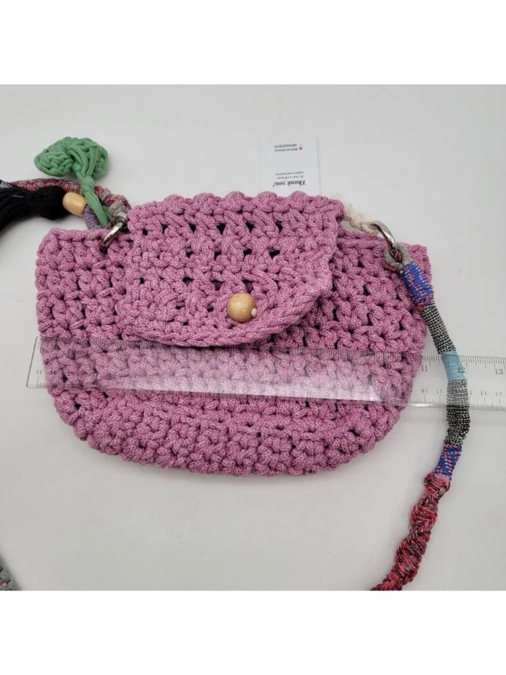 Handcrafted Shooci Crocheted Pink Shoulder Bag w/Yarn Wrap Strap & Tassel Accent - Picture 10 of 10